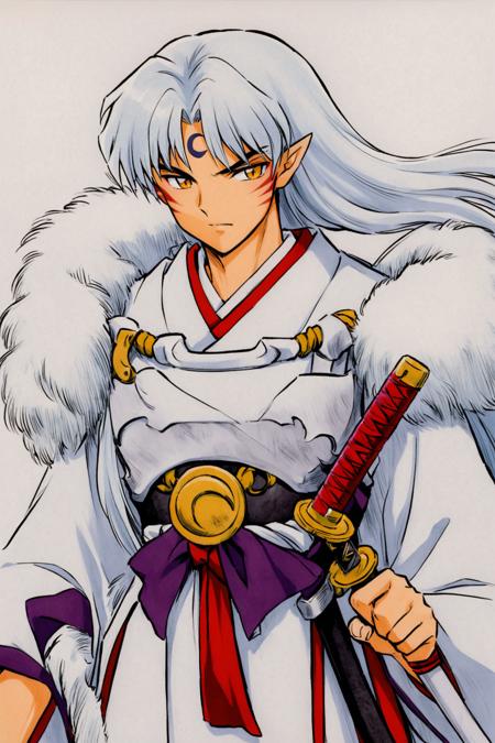 29129-4276693095-Sesshoumaru,1boy,long hair,male focus,solo,weapon,sword,facial mark,pointy ears,armor,forehead mark,white hair,japanese clothes,.png